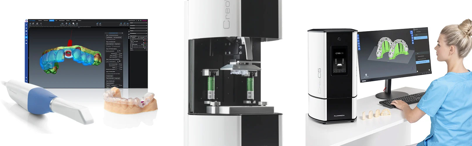 Bilder som visar Planmeca Creo c5 tillsammans med intraoral skanner, utskrivna modeller och Romexis mjukvara