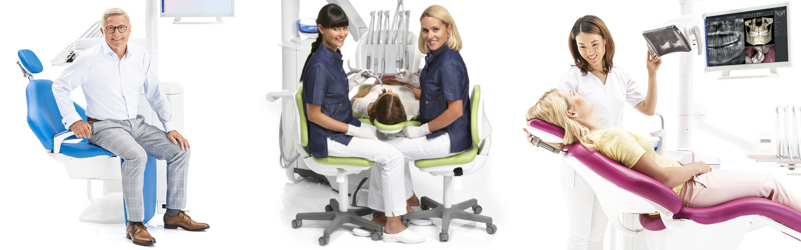 Tre bilder som visar ergonomi för både patient och tandvårdspersonal